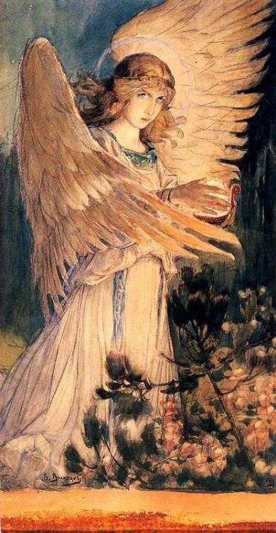 Viktor Mykhailovich Vasnetsov (1848 - 1926)~Angel with a Lamp~1896Watercolor; gouache on cardboardSk