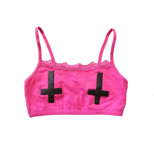 Inverted Cross Bra Top Hot Pink and Black Leather ❤ liked on Polyvore (see more pink and black linge