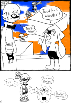 ka64:  When I -oodle’d the word ‘Turf War’ squidgarbage said it looked the way a baby Inkling would try saying it thus made me wanna draw this. xDBlorp was watching Plip fight from one of the windows above when a baby Inkling came by to watch as