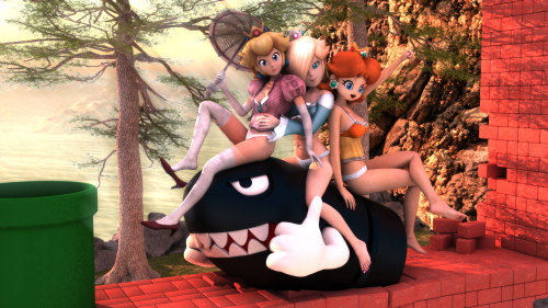 darklordiiid:    Here we have the lovely ladies from the Mushroom Kingdom showing their stuff on top of a (incredibly happy) Banzai Bill. This has to be one of the single most frustrating pictures I’ve ever done. For starters the render for all four