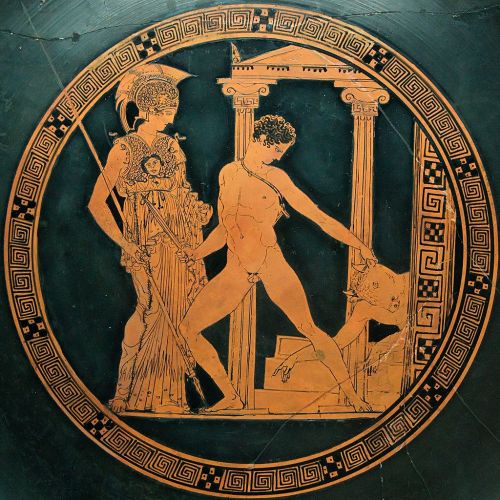 A tondo  from ca. 430 BC  depicting Theseus, Minotaur and Athena. (National archaeological museum of