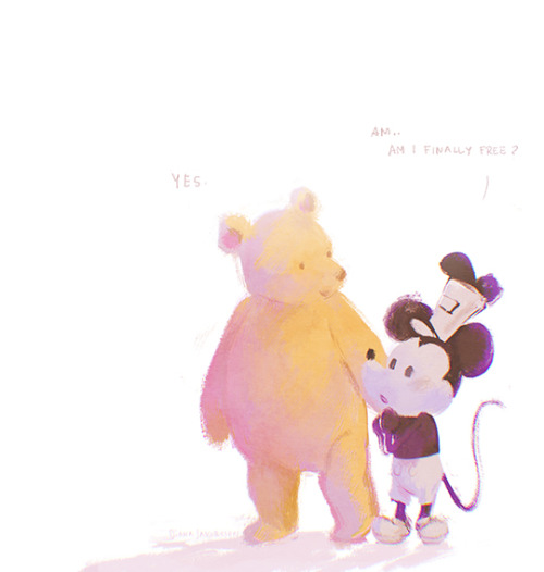 illustration of Pooh and Mickey Mouse, against a white background.  Both of them are the versions  that are in the public domain now.  Mickey looks up at Pooh and asks  "am, am I finally free?  Pooh looks down gently at him and says  "Yes"
