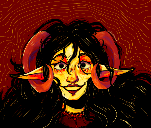 Digital art of Aradia Megido from Homestuck. She is staring at the viewer with a wide smile on her face.
