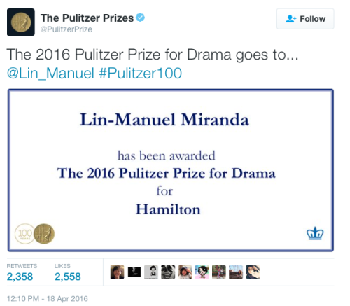 micdotcom:Hamilton won the Pulitzer! And while it seemed like Lin-Manuel might have missed the news,