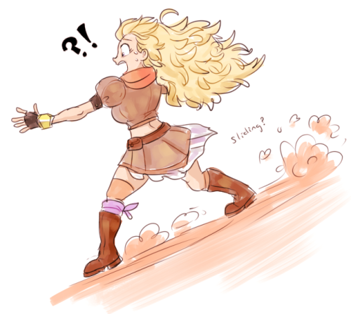 dashingicecream:  IDEK….. team RWBY on a mission in the emerald forest….. a steep hill comes up…. ruby plunges first bc shes too excite… yang freaks out thinking ruby’s gonna get hurt…. slides down after her…. regrets decision immediately…