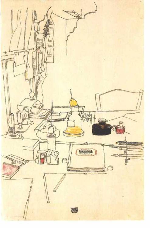 nobrashfestivity:Egon Schiele, Drawing of his desk  the prisoner of war camp in Mühling, 1916 more
