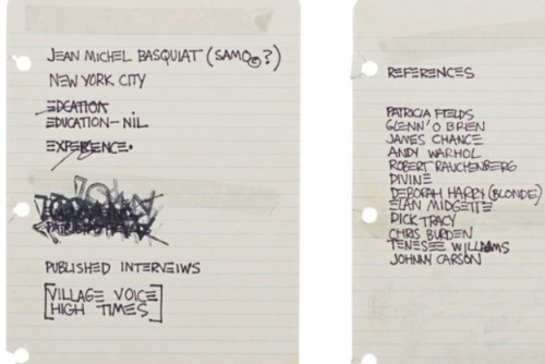 bigboynerd:  This is Jean Michael Basquiat’s resume, this recently sold for an asking price of 50,000. 