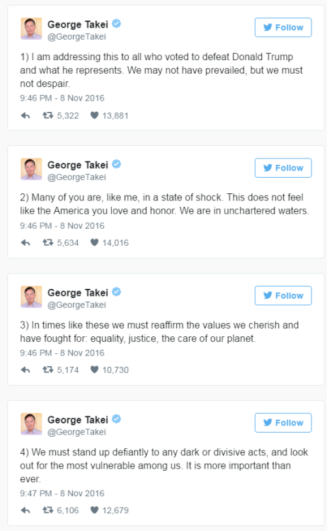 George Takei offers advice for those in fear of what a Trump presidency means“George Takei took to T