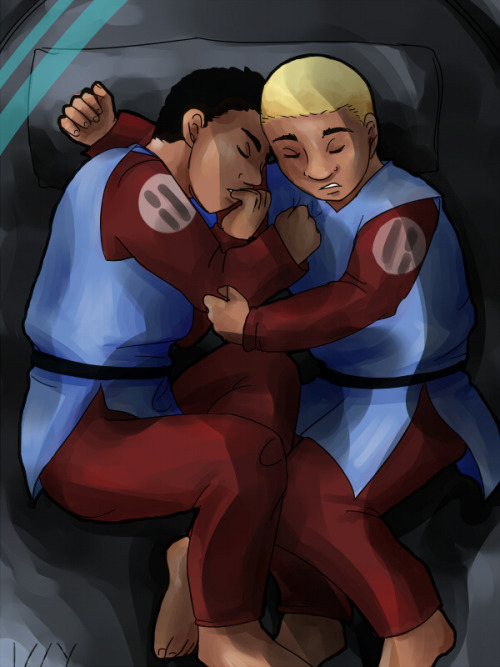 izzysuniversestuff:Cadets Rex and Cody sharing a sleeping pod based on @kristsune‘s amazing fic Tria
