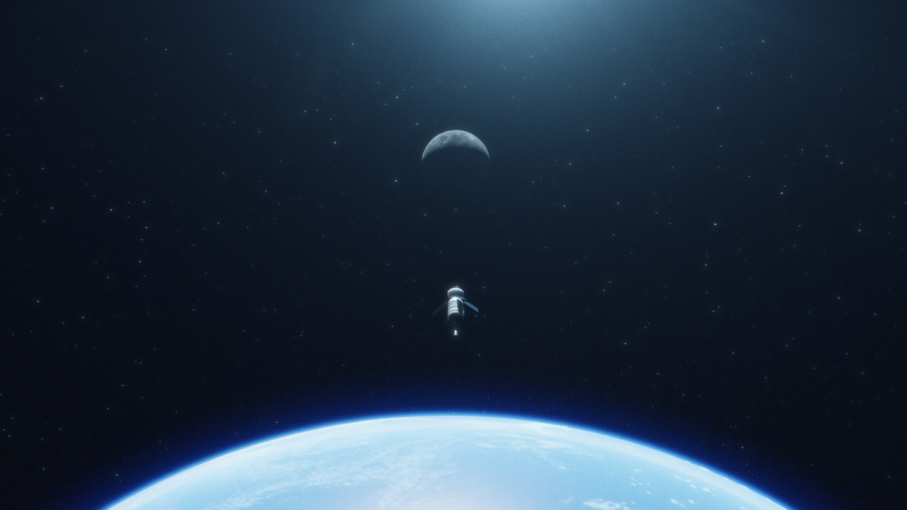 An artist’s rendition of the Orion flight shows a portion of a blue and white Earth in a semi-circle at the bottom of this photo; at the center, a white and grey Orion heads towards a semi-lit Moon in grey. The rest of the image is black, with some small stars dotted throughout.  Credit: NASA/Liam Yanulis