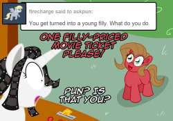 askmovieslate: askpun:  Okay Movie Slate. In that case, one ticket for the G-rated movie playing next to the movie I want to see, please. Artwork by                 AniRichieScript #1639  Seriously though, these little fillies just want to get away with