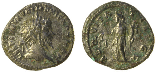 Denarius of the Roman emperor Septimius Severus (r. 193-211 CE), found in Suffolk, England.  Now in 