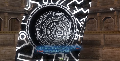 Screenshot from "Legend of Zelda: Twilight Princess" of a black and white portal leading to the Twilight Realm in the middle of the desert.
There is text that reads "But things changed once that foul power pervaded the world."