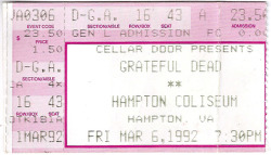 johnrezas:  These are the only two surviving ticket stubs for my run on Grateful  Dead shows back in the late 1980s and early 1990s. These are two shows  that I went to in 1992 at the Hampton Coliseum in Virginia and at RFK  Stadium in Washington, DC.