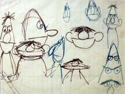 weirdlandtv:Jim Henson’s design sketches for Sesame Street regulars, Bert and Ernie. He had the shap