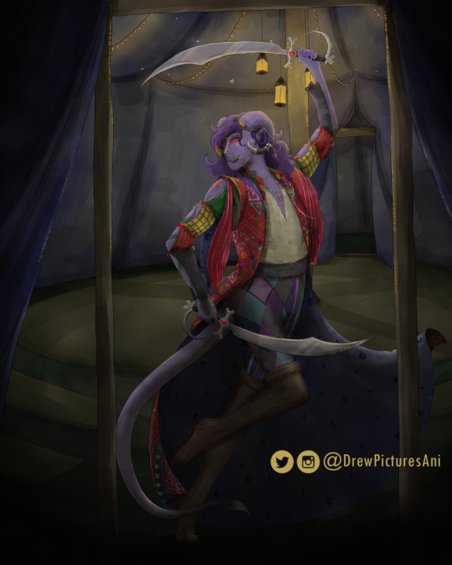 a digital painting of Mollymauk Tealeaf, a tiefling (half-demon) form the webseries Critical Role, stood in the doorway of a deep blue circus tent. Mollymauk has purple skin and hair, and is dressed extravagantly, wearing a long, highly embellished red coat and multicoloured harlequin trousers. He is balanced on one foot, as though mid-dance, and holding two curved swords, one at his waist and one at his head, framing his upper body. He has shoulder-length, thick hair and curly, decorated horns with silver and gold jewellry. He is backlit by glowing yellow lanterns and string lights, hanging from the roof of a classic circus tent, held up by a centre pole in a cleared stage area. Drawn by Drew Fletcher, DrewPicturesAni. 