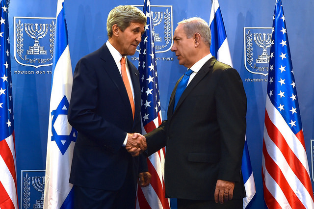 Secretary Kerry, Israeli Prime Minister Netanyahu Shake Hands in Tel Aviv Before Discussion About Possible Cease-Fire with Hamas in Gaza Strip by U.S. Department of State on Flickr.