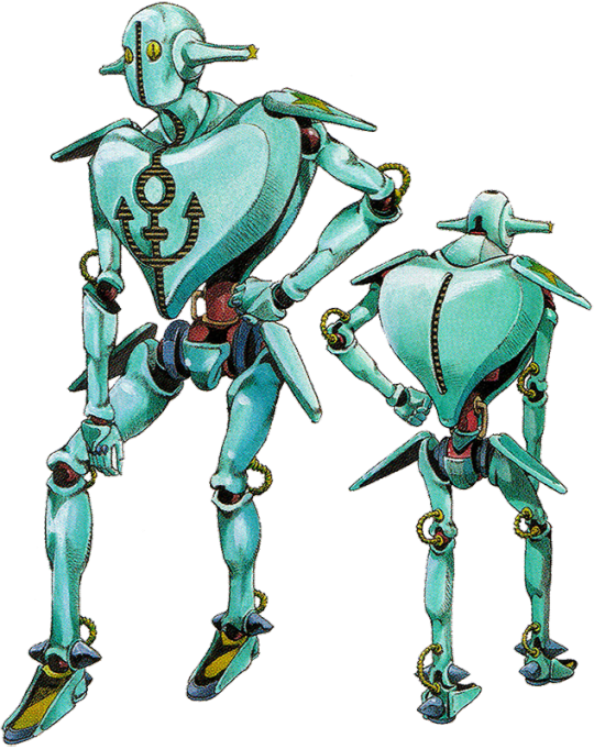 A humanoid jojo's part 4 stand with a sleek and futuristic design, with two  large, metallic hands, and is able to manipulate space and gravity in all  forms