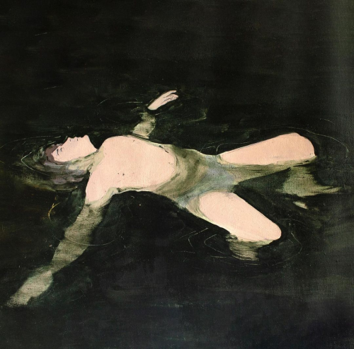 Oil painting “There's something in the water
by Victor Clement depicts a person who appears male with pale skin laying in dark water on their back. Their knees are bent, lower legs disappearing beneath the surface, their arms are outstretched, hands not in frame, and their head is peeking out in the upper left corner. The color palette is muted greens and beiges, with really dark green, almost black water. The person is in light blueish-white briefs that are barely seen beneath the surface, and their chest is bare. They have a tuft of short brownish hair barely peeking out of the water.