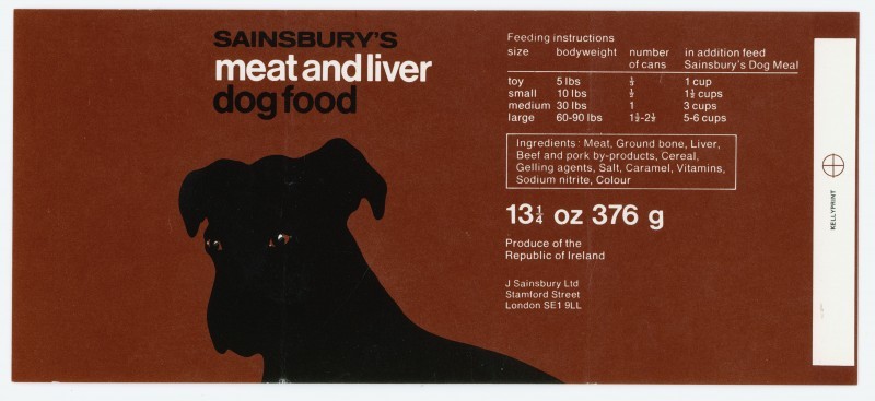 c86:Sainsbury’s cat and dog food label designs, c. 1975-79