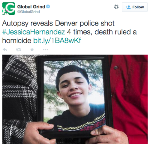 revolutionarykoolaid:Save Our Kids (3/14/15): UPDATE on the Jesse Hernandez’s tragic story. The autopsy report shows that the police were lying through their teeth about the circumstances surrounding why they killed Jesse. Her death has been ruled