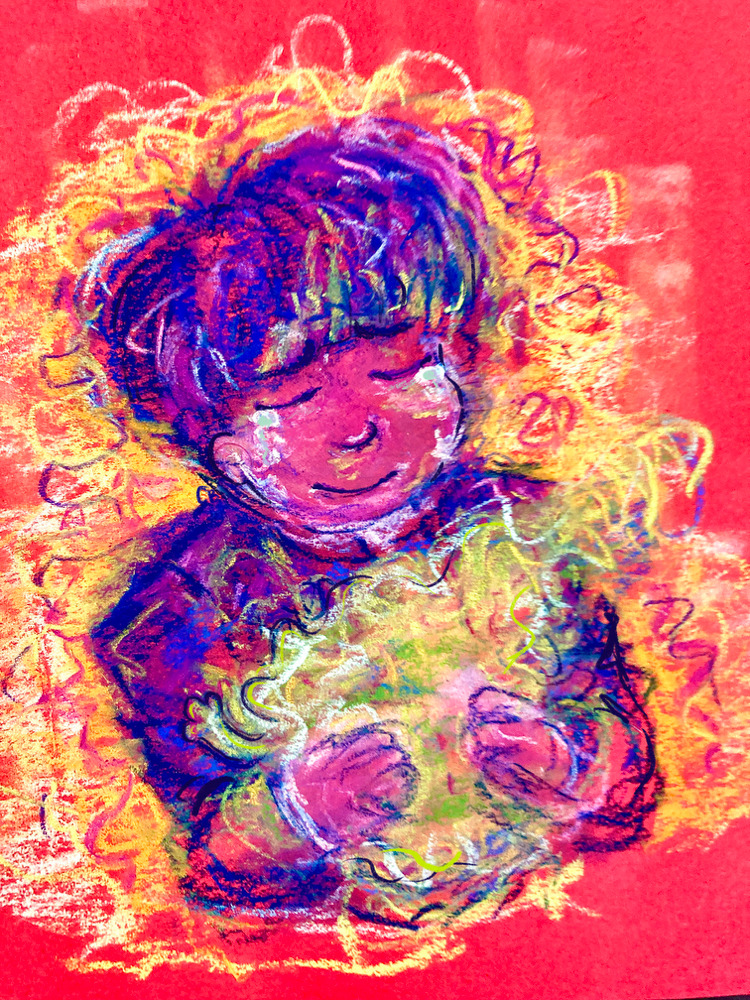 Image: Colorful messy artwork of Mob (portrayed in purple) hugging Dimple (in his usual green)