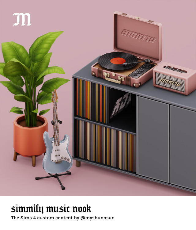 Preview of items from a custom content set created by myshunosun for The Sims 4. The set includes a guitar, a potted plant, a record player, a speaker, a stand for LPs.