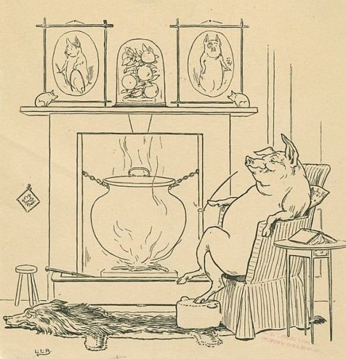 Pig sits by the fire on the wolf rug (1904), illustration by L. Leslie Brooke. 