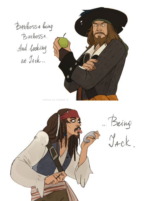 nataliedecorsair:  Capt. Jack Sparrow and Capt. Hector Barbossa - frenemies forever UPD - I drew a b