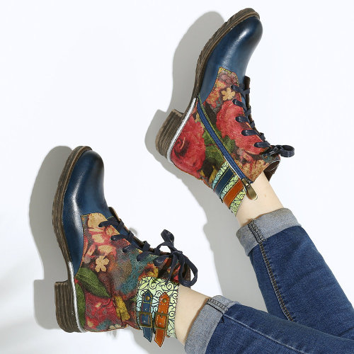 strangeavenueexpert:Elegant Flowers Printing Lace Up Block Heel Ankle BootsClick HEREfree shipping c