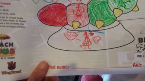 So My 7 Year Old Cousin Drew This Bill On Their Kids Menu Thing. The Picture Is Bill With A Dorito Saying,