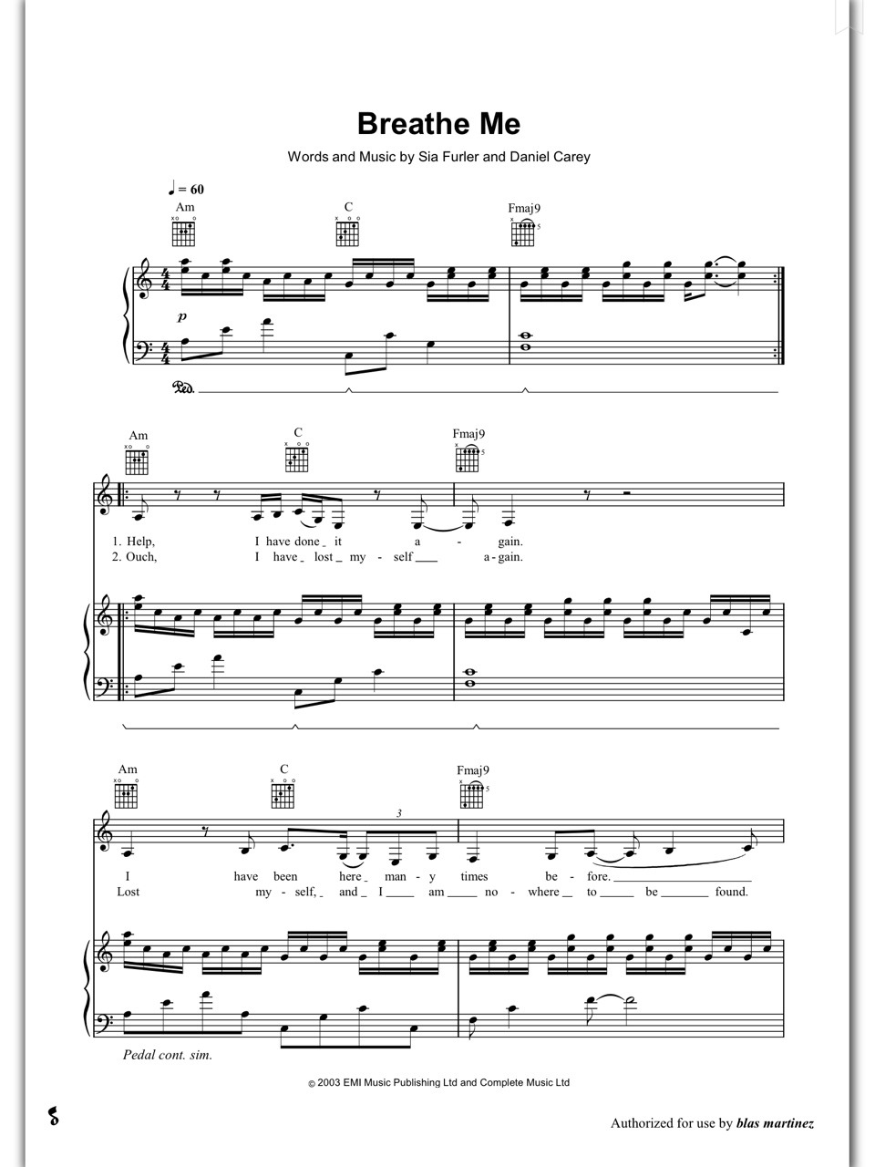 Piano Sheet Music Breathe Me Sia Piano Sheet