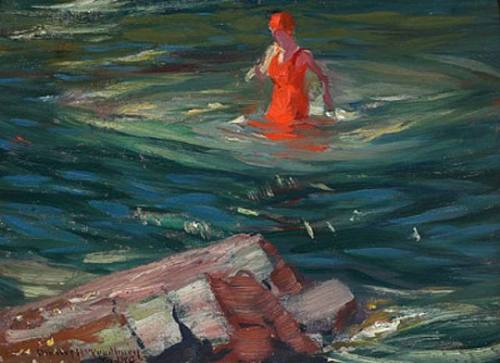 huariqueje:    The Red Bathing Suit -    Charles Herbert Woodbury  American 1864-1940