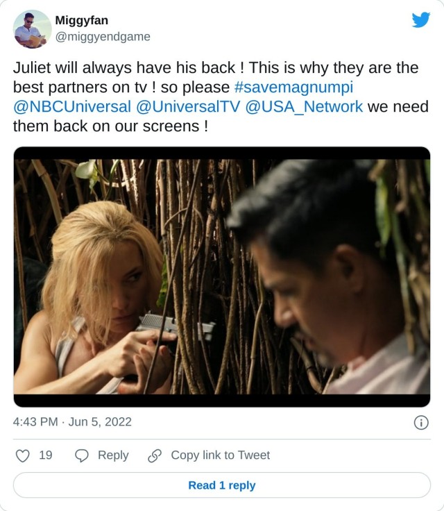 Juliet will always have his back ! This is why they are the best partners on tv ! so please #savemagnumpi @NBCUniversal @UniversalTV @USA_Network we need them back on our screens ! pic.twitter.com/NYzMF5opJF — Miggyfan (@miggyendgame) June 5, 2022