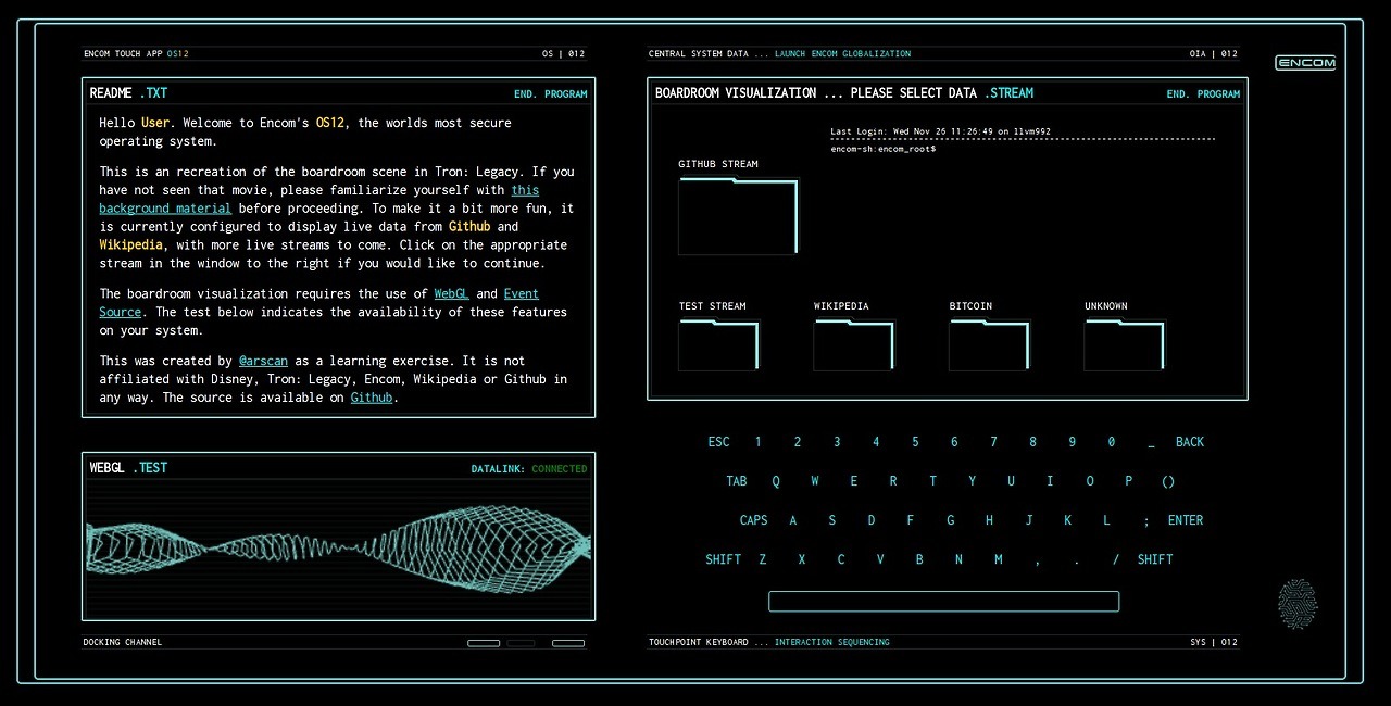 The Tron Legacy Boardroom made in webgl! Live Demo and Github source by @arscan