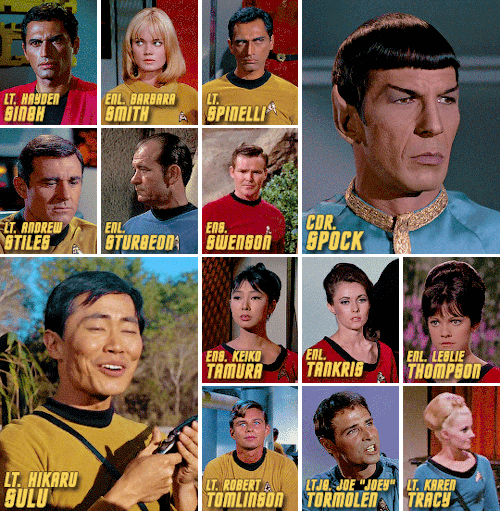 Hayden Singh - Lieutenant - Engineer - Operations - 2267 - 1 episode
Barbara Smith - Enlisted - Yeoman - Command - 2265 - 1 episode
Spinelli - Lieutenant - Helmsman - Command - 2267 - 1 episode
Spock - Commander - First officer/Science officer - Sciences/Command - 2265-2269 - 80 - episodes
Andrew Stiles - Lieutenant - Navigator - Command - 2266 - 1 episode
Sturgeon - Enlisted - ??? - Sciences - Died 2266 - 1 episode
Hikaru Sulu - Lieutenant - Astrosciences/Helmsman - Command/Sciences - 2265-2269 - 53 episodes
Swenson - ?Enlisted Ensign? - Security Officer - Operations - 2268 - 3 episodes
Keiko Tamura - Ensign - Yeoman - Operations - 2267 - 1 episode
Tankris - Enlisted - Yeoman/Clerk - Operations - 2267 - 1 episode
Leslie Thompson - Enlisted - Yeoman - Operations - Died 2268 - 1 episode
Robert Tomlinson - Lieutenant - Phaser Specialist - Command - Died 2266 - 1 episode
Joe "Joey" Tormolen - Lieutenant Junior Grade - Sciences - Died 2266 - 1 episode
Karen Tracy - Lieutenant - Medical Technician - Sciences - Died 2267 -1 episode