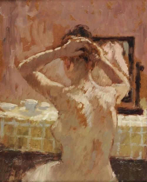 huariqueje: Girl Doing Her Hair    -     Bernard Dunstan British, 1920-2017 oil on board,  24 x 19 c