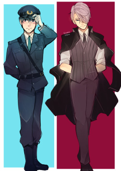 crimson-chains:  SO, MAFIA AU(AKA a good excuse to draw Yuri and Victor in a uniform/suit)Officer Katsuki and mafia boss Nikiforov!WILL DEF DRAW MORE OF THIS, I AM EXCITE