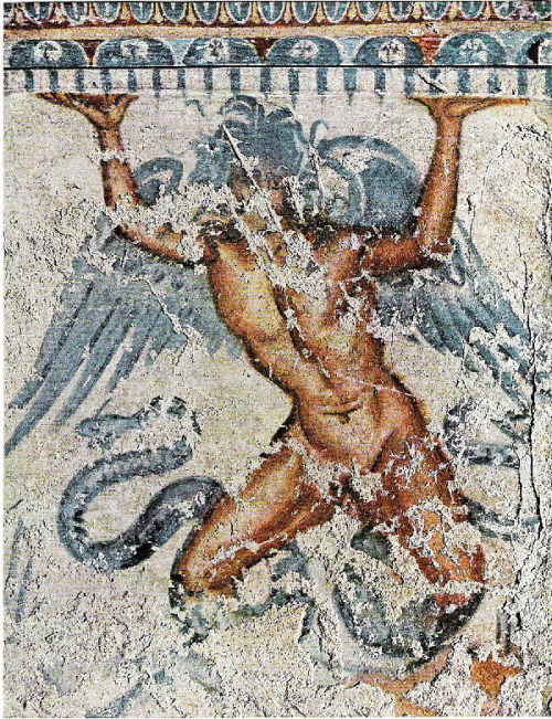 Wall-painting of a typhon. Tomb of the Typhon, Tarquinia; 2nd half of the 4th c. BC. Fresco.
