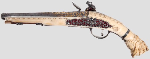 Extremely ornate flintlock pistol with ivory stock originating from St. Etienne, France, mid 18th ce