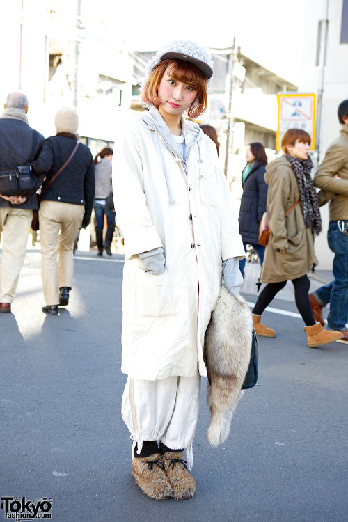 Faux fur shoes &amp; hat on the street in Harajuku.