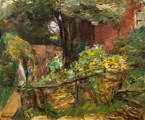 Two girls on a forest road - farmhouse garden with blooming summer flowers, 1914, Max Liebermann. Ge