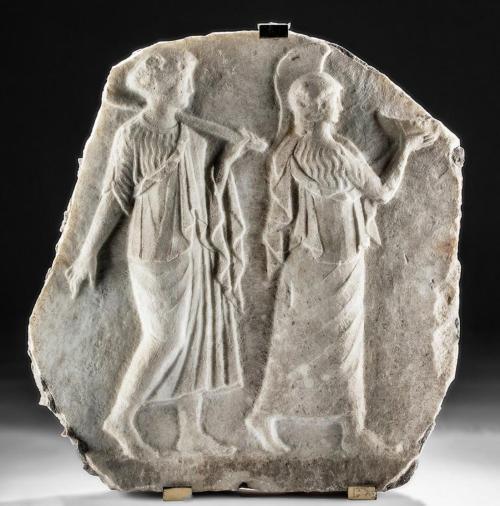 thatshowthingstarted:Marble relief of Minerva and Arachne, Roman Imperial Period, circa 1st to 2nd c