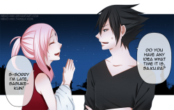 neko-niki:  SS Month: Late – Sakura: I'm really sorry, Sasuke-kun! I lost track of time chatting with one of my patients at the hospital.Sasuke: Male or female?Sakura: Why does it matter? He- ...Sasuke-kun? Where are you going?Sasuke: I'm going to kill