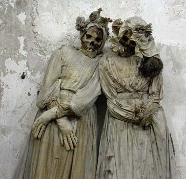 Two of the mummies along the walls of the Capuchin Catacombs.