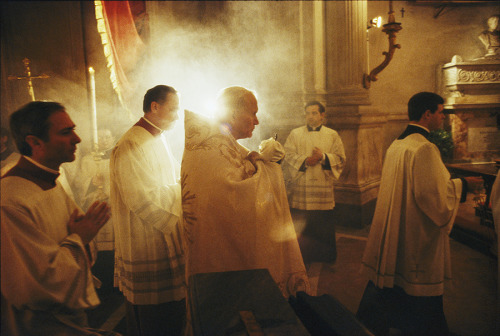 Pope John Paul II carries Holy Communion before Mass on Holy Thursday in Rome, 1985. Photograph by J