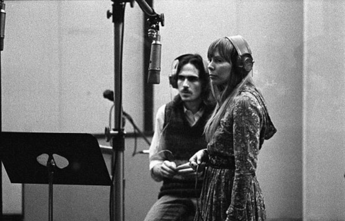 bobdylan-n-jonimitchell:James Taylor & Joni Mitchell laying background vocals for ‘Will You Love