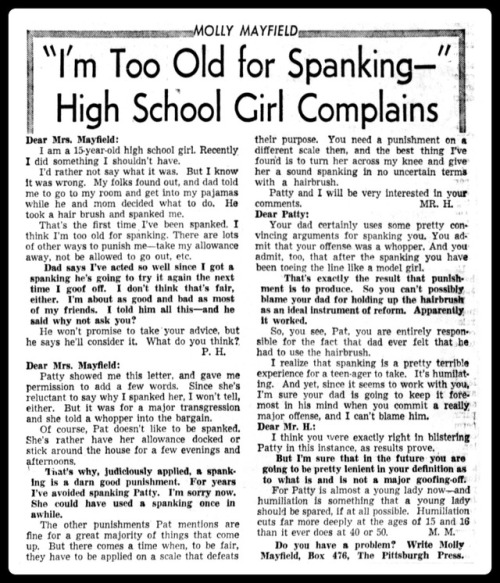 Once again, letters to advice columns illustrate how mainstream paternal spanking of girls was in th