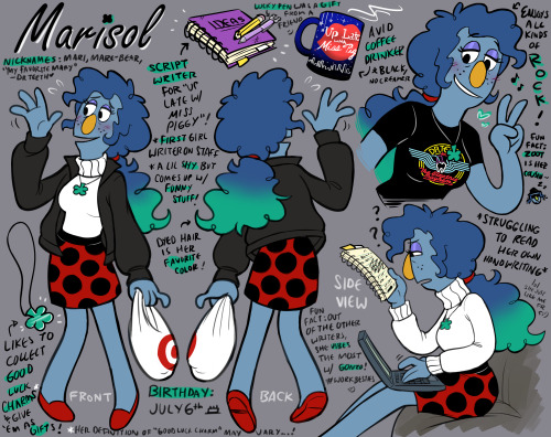 been meaning to make an updated ref sheet for my muppet oc Marisol for the longest time! she’s come 
