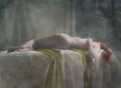 artbeautypaintings:  Nude on ochre cloth with triton - Michael Alford 